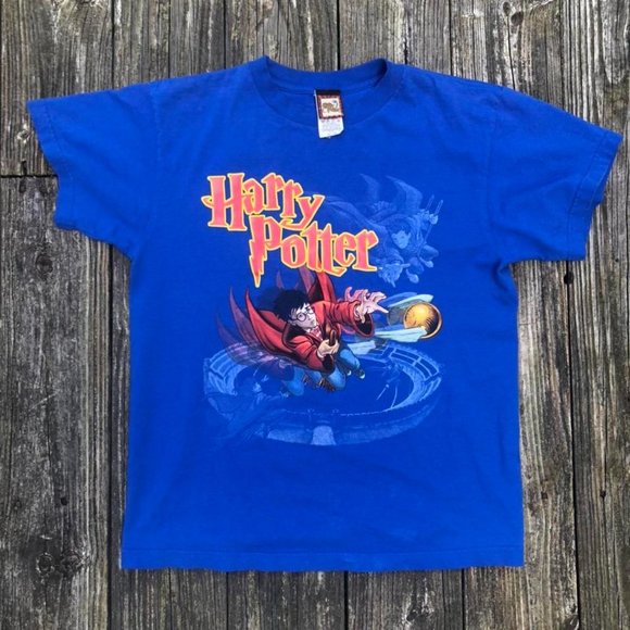 Vintage 1999 Royal Blue Harry Potter QuidditchSnitch Teewith Cartoon Art